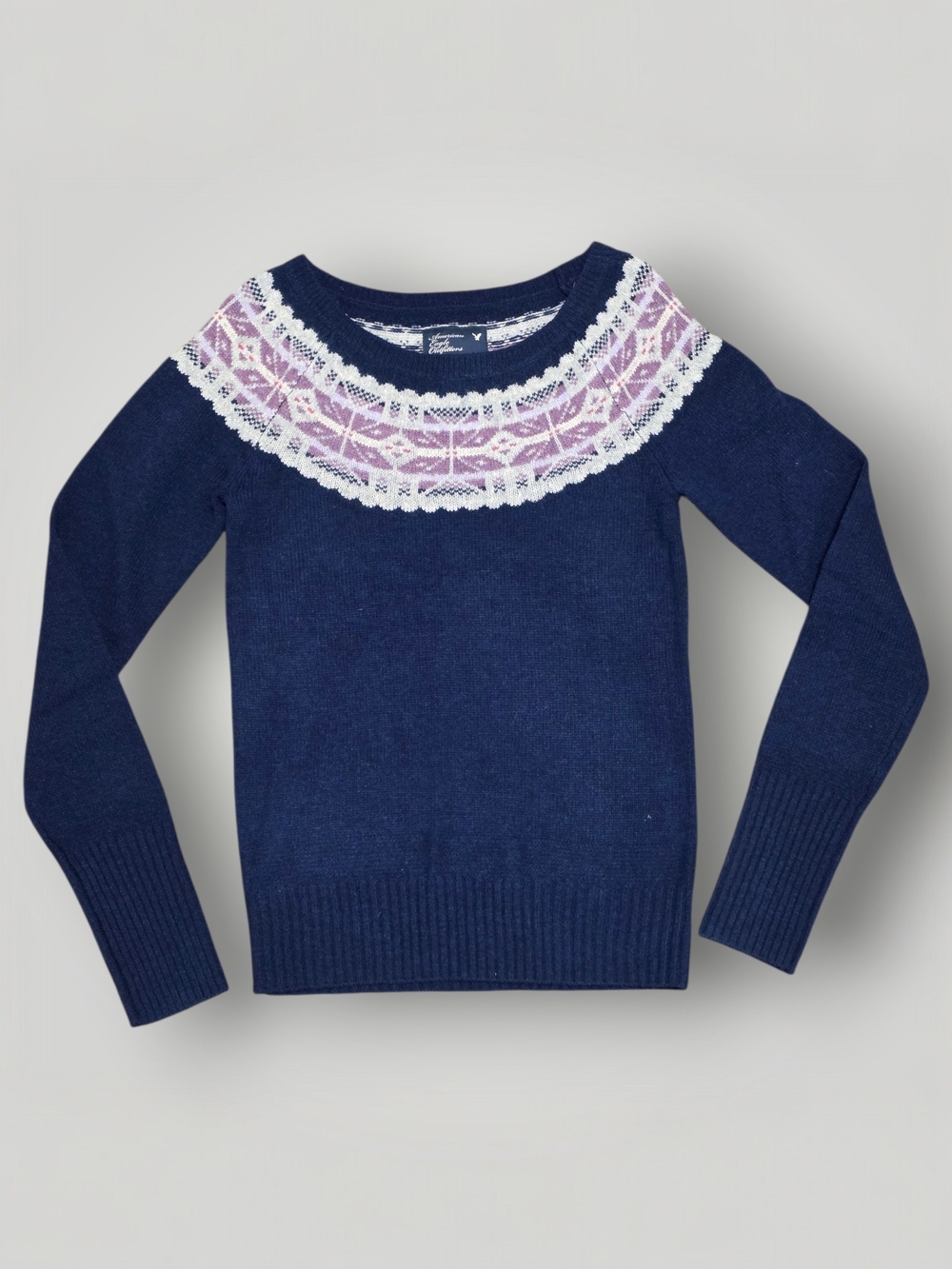 NWT American Eagle Navy Crewneck Wool Sweater Lavender Fair Isle Yoke MEDIUM - Picture 3 of 12